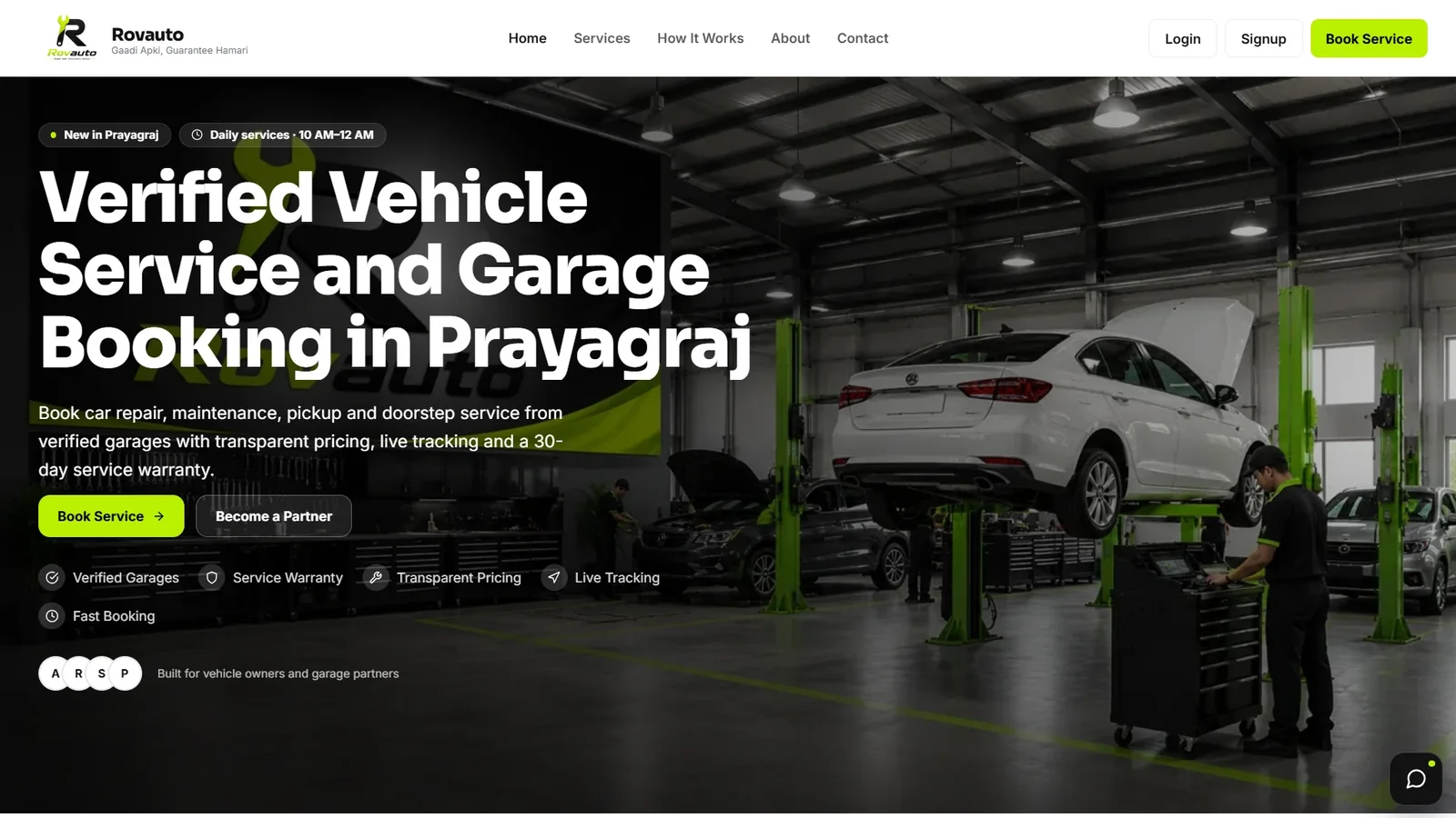 Rovauto website hero showing a modern garage with a car on a lift and the headline ‘Verified Vehicle Service and Garage Booking in Prayagraj.’
